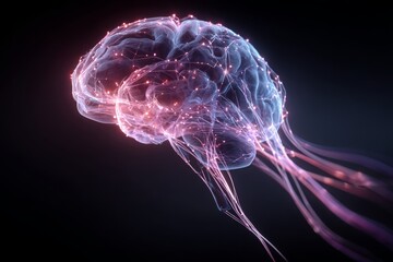 A complex 3D rendering of a human brain with glowing neural connections highlighted in pink, symbolizing thought processes and technological advancement in neuroscience.