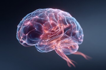 Digital illustration of a human brain with glowing neural network connections, representing consciousness, thought processes, and artificial intelligence concepts.