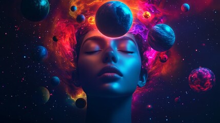 Dreamy female portrait merging cosmic elements, woman with closed eyes nestled among glowing planets, swirling nebulae, sparkling stellar background suggesting universal connection