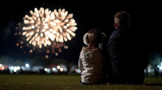 Father and daughter watching fireworks display at night