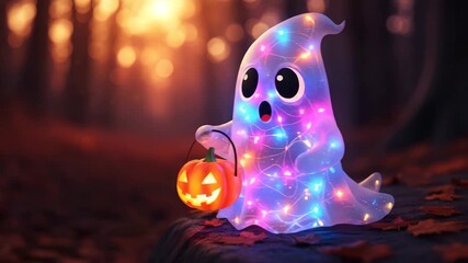 Cute halloween ghost with pumpkin lantern in a spooky forest at night - Powered by Adobe