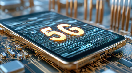 High tech smartphone displaying glowing 5G symbol circuit board background, showcasing
