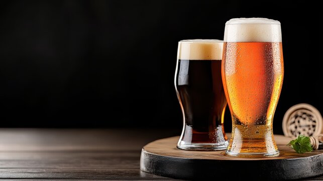 Dark and Light Beer Glasses: Two Refreshing Beers on Wooden Board with Black Background for Brewery Advertising and Product Presentation.
