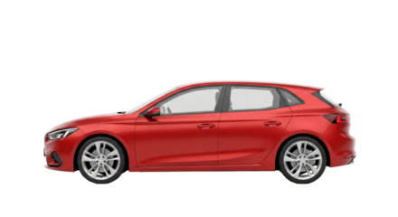 Isolated five-door compact hatchback car with a red paint job, side angle view