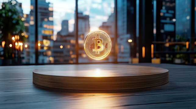 Glowing Bitcoin symbol hovering above wooden platform in modern urban setting
