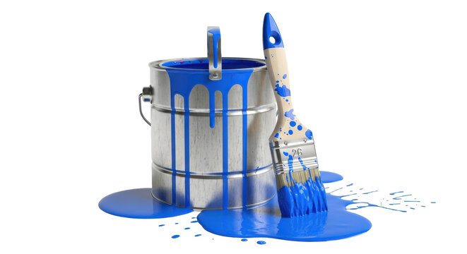 Isolated blue paint can and brush with spillage for home decoration and renovation