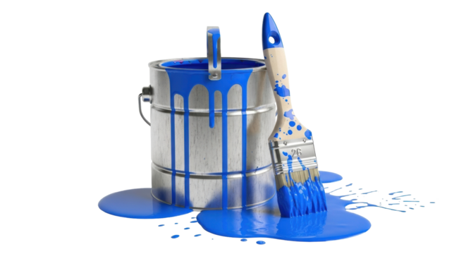 Isolated blue paint can and brush with spillage for home decoration and renovation