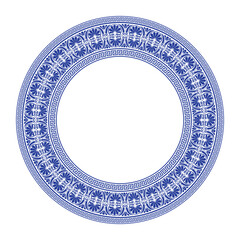 Decorative round frame in ethnic style with decorative ornament.  Vector illustration in blue and white colors. Template for laser cutting, engraving, textile, embroidery, porcelain