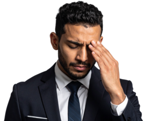 Stressed Businessman Holding His Forehead in Frustration, Front View, Isolated on White Background
