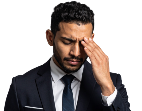 Stressed Businessman Holding His Forehead in Frustration, Front View, Isolated on White Background