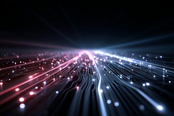 A modern technology background with glowing light trails on a circuit board, showing data flow and connection, perfect for digital themes and presentations.