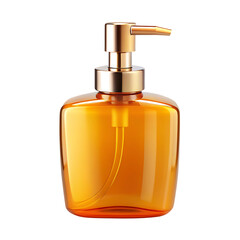 Fototapeta premium Soap dispenser, glossy orange plastic with metallic gold pump mechanism, cutout, PNG isolated on white or transparent background