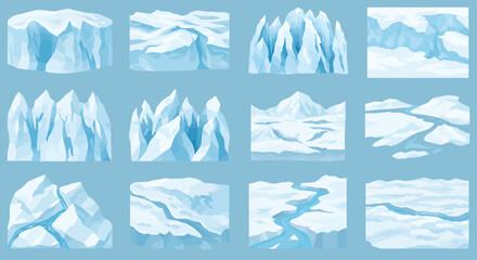 Twelve varied cartoon illustrations of ice formations glaciers and snowy landscapes © Faisal