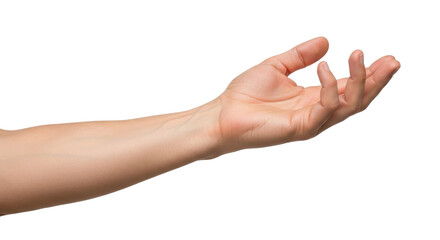 Isolated human arm and hand reaching upward, offering, giving or begging with hand open