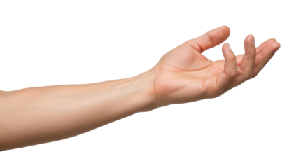 Isolated human arm and hand reaching upward, offering, giving or begging with hand open