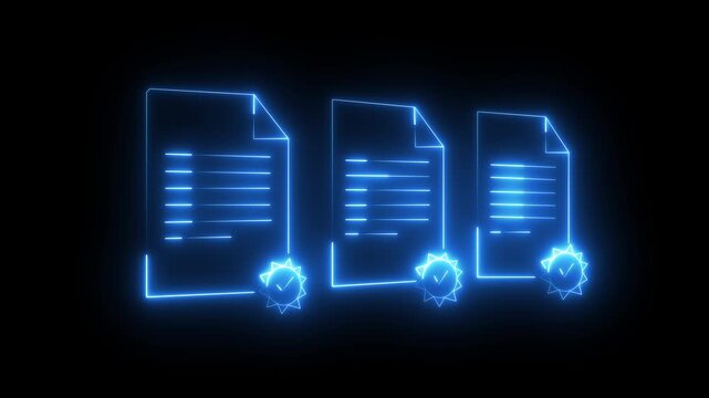 Glowing neon line file document download button icon. Glowing neon file document and checklist icon animation on black background for compliance verification.
