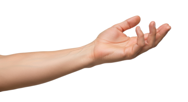 Isolated human arm and hand reaching upward, offering, giving or begging with hand open