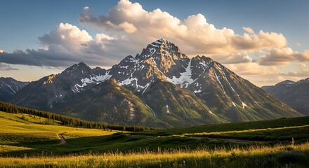 Majestic Mountain Peak Landscape with Clouds and Green Fields.