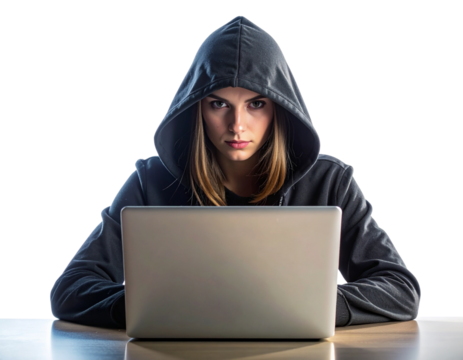 Hooded Figure Working on Laptop with Intense Focus, Front View, Isolated on Transparent Background