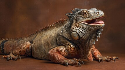 Fototapeta premium Detailed Close-Up View of a Large Iguana Resting on a Smooth Surface Generative AI