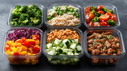 Healthy meal prep containers filled with colorful vegetables, grains, and proteins