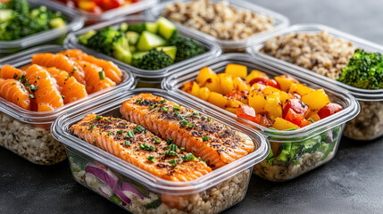 Healthy meal prep containers filled with salmon, vegetables, and grains for balanced nutrition