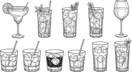 Hand drawn cocktail and drink glassware set with ice, garnish, straws, herbs, lime, mint, alcohol, soda, vintage style © Moury Creatives