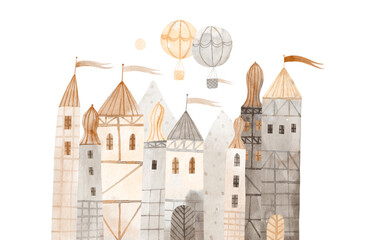 Cute old castle. Watercolor illustration. Hand drawn illustration. Wall art.