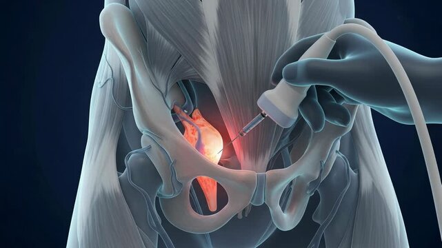 Detailed hologram showcasing ultrasound guided injection technique into the hip joint with real-time needle visualization