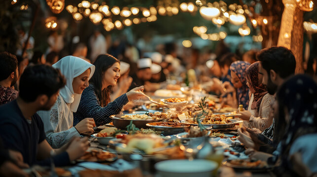 A group of muslim people are gathered around a long table, sharing a meal together in a warm and inviting atmosphere, celebrating ramadan iftar