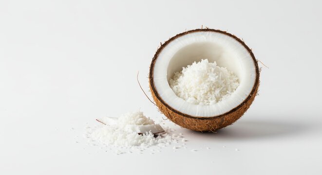 Half Coconut Filled with Grated Coconut on White Background