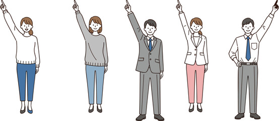 Diverse group of people pointing upward in teamwork gesture, business collaboration, unity, leadership, motivation, success, corporate presentation concept