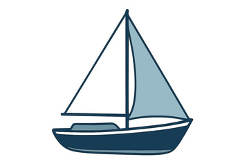 Stylized sailing boat with dark hull and light blue sails on white background