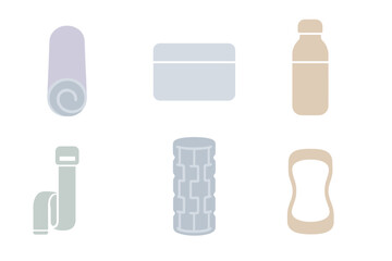 Minimalist collection of fitness and yoga accessories including mat, roller, bottle, and resistance band
