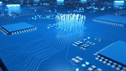 Computer circuit board with glowing elements and data processing - Powered by Adobe