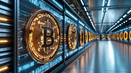 Fototapeta premium High tech cryptocurrency mining facility with glowing Bitcoin symbols and digital screens