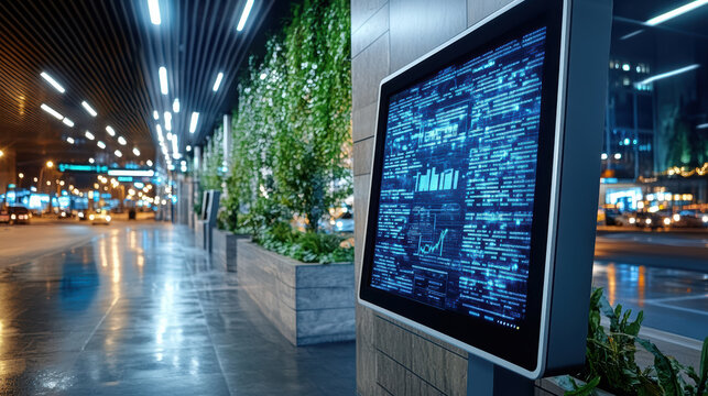 Futuristic digital display showcasing data analytics urban environment, illuminated by city