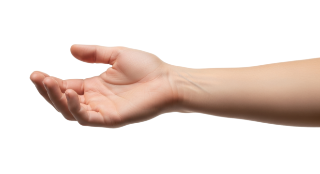 Isolated human hand outstretched, open palm up, offering, receiving, gesture, communication