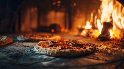 Artisan pizzas baking to perfection in a warm, rustic wood-fired oven creating a cozy, inviting atmosphere perfect for food and restaurant marketing