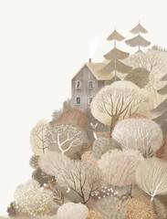 Wooden house on a hill, climb, animals. Watercolor picture, Autumn nature. Poster for children's room. Wall art.