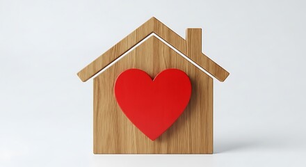 A charming wooden house miniature with a vibrant red heart symbol prominently displayed on its facade representing love and home