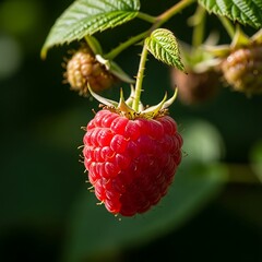 Close-up of a Ripe Raspberry Hanging on a Branch.