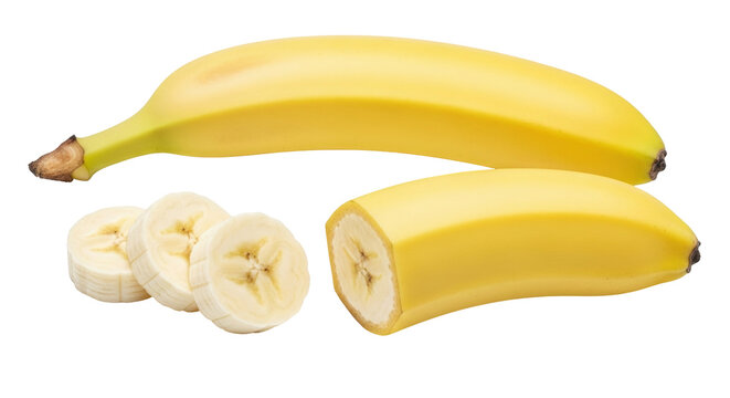 Isolated nutritious yellow banana with slices, ripe, healthy eating, organic fruit snack