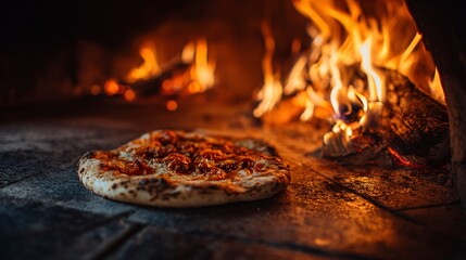 Delicious artisanal pizza baking in traditional wood fired oven with vibrant flames, perfect for culinary blog or restaurant promotion showcasing authentic flavors
