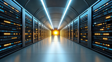 Futuristic server farm glowing with bright lights and technology, showcasing advanced design