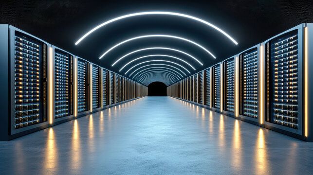 Futuristic server farm with glowing lights and sleek design, showcasing advanced technology