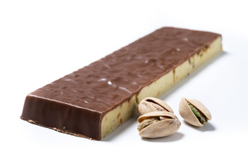 Chocolate pistachio nougat bar isolated on white background