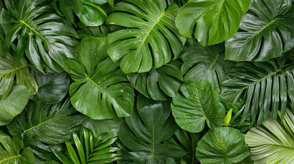 Dense tropical foliage with vibrant green leaves creates lush, serene atmosphere