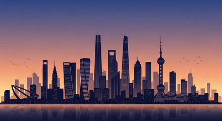 A captivating silhouette of a modern city skyline at twilight, with towering skyscrapers reflecting in the calm water, evoking a sense of urban grandeur
