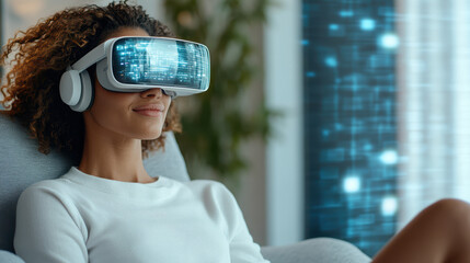 Immersive virtual reality experience with woman wearing headset, enjoying digital content